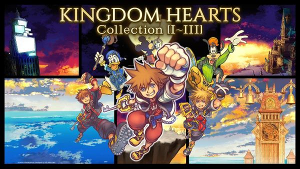Kingdom Hearts Collection artwork featuring Sora, Donald, Goofy and Mickey against scenes from the series.