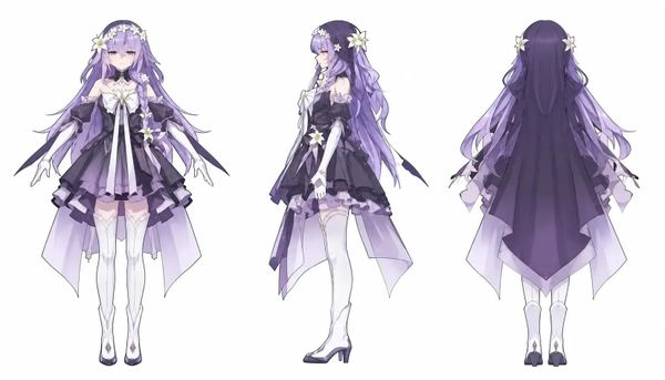 Lili from Wuthering Waves, wearing a black-and-white outfit with a hood, long lavender-pink hair, and white flowers.