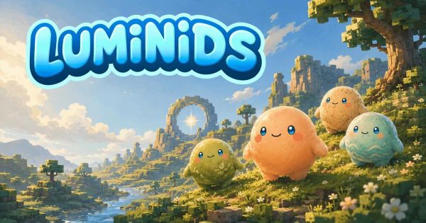 Small glowing creatures gathered in a moonlit meadow in promotional artwork for Luminids.