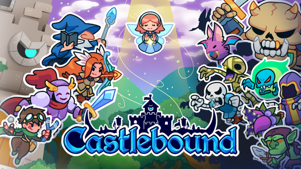 Castlebound gameplay showing colorful 2D characters defending an enchanted walking castle.