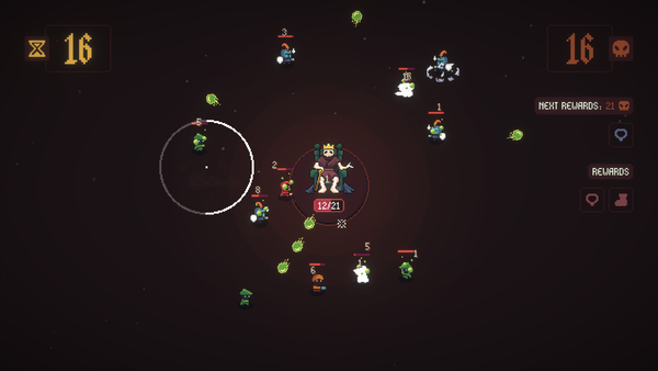 A crowned skeleton sits on a throne as adventurers approach amid green projectiles in Crown Me Again.