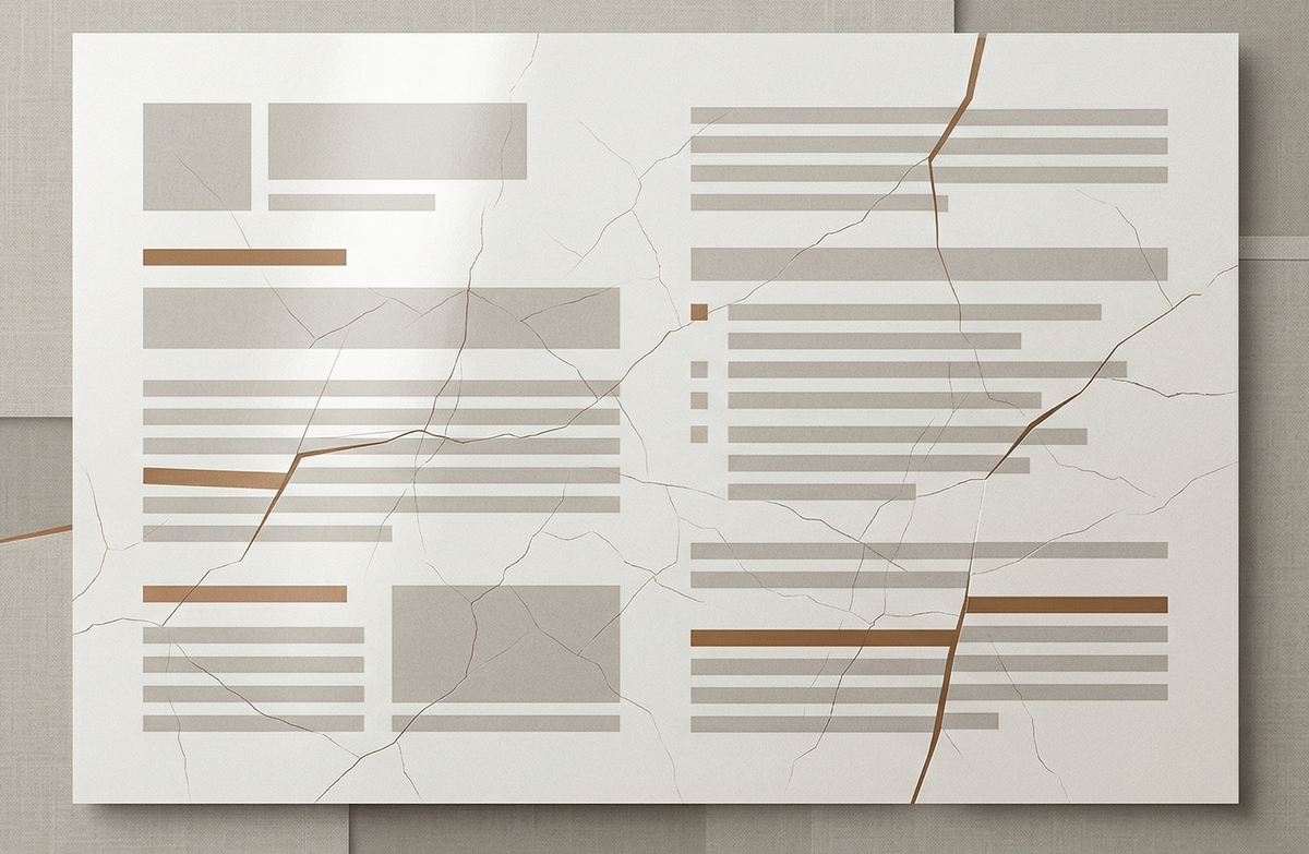 A stylised report page with cracks and errors.