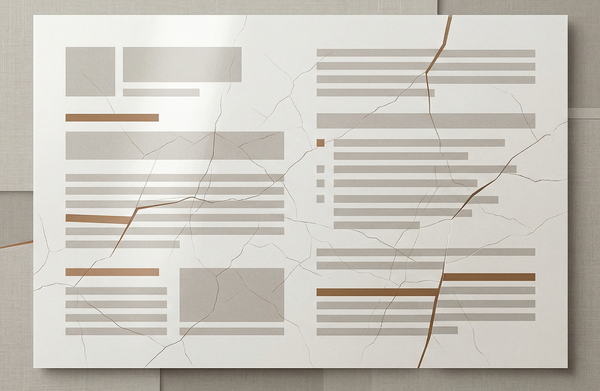 A stylised report page with cracks and errors.