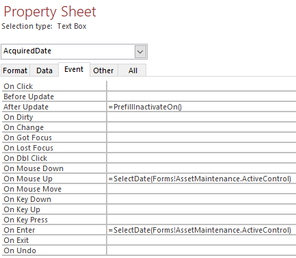 Screenshot of a Text Box Property Sheet with direct function calls on the Event properties page