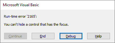 Run-time error 2165 message box, "You can't hide a control that has the focus."