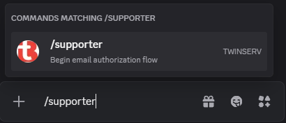 Discord chat interface showing /supporter being typed in the message box with autocomplete dropdown displaying the TWINSERV bot command