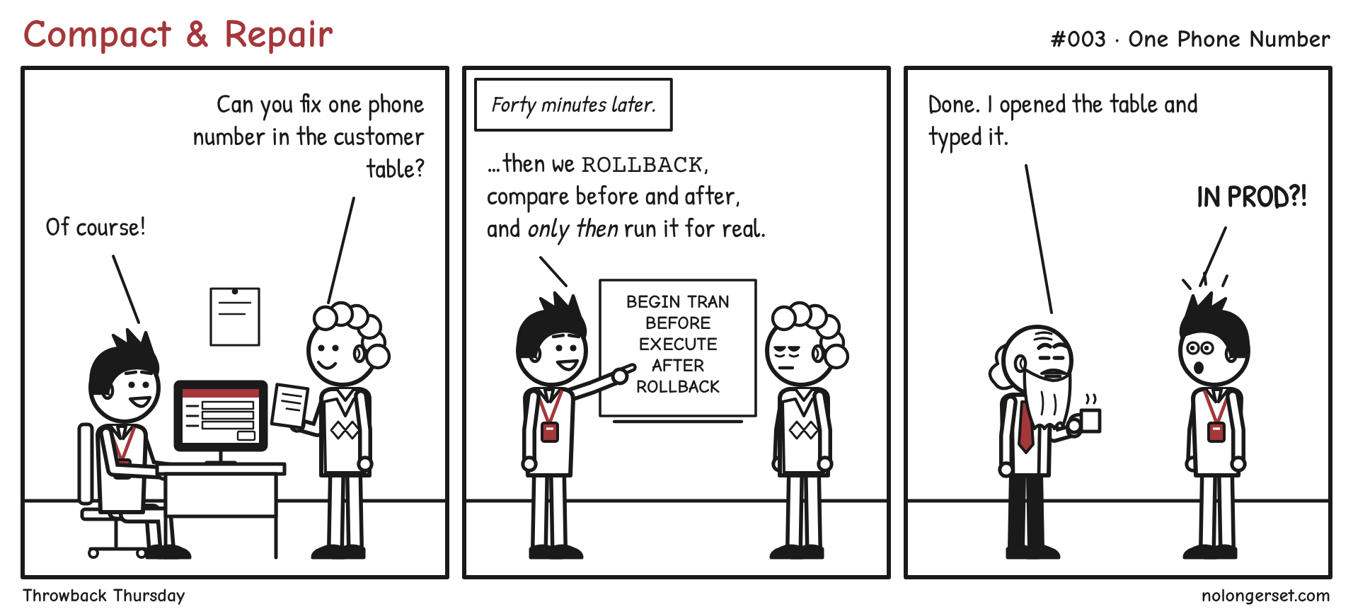 Panel 1: Pat, holding a printout, asks Ace, who is seated at an Access form: 'Can you fix one phone number in the customer table?' Ace, grinning: 'Of course!' Panel 2, forty minutes later: Ace stands at a whiteboard listing BEGIN TRAN, BEFORE, EXECUTE, AFTER, ROLLBACK and explains: '...then we ROLLBACK, compare before and after, and only then run it for real.' Pat looks exhausted. Panel 3: Seth, the bearded veteran, holding a mug, says flatly: 'Done. I opened the table and typed it.' Ace, horrified, shouts: 'IN PROD?!'