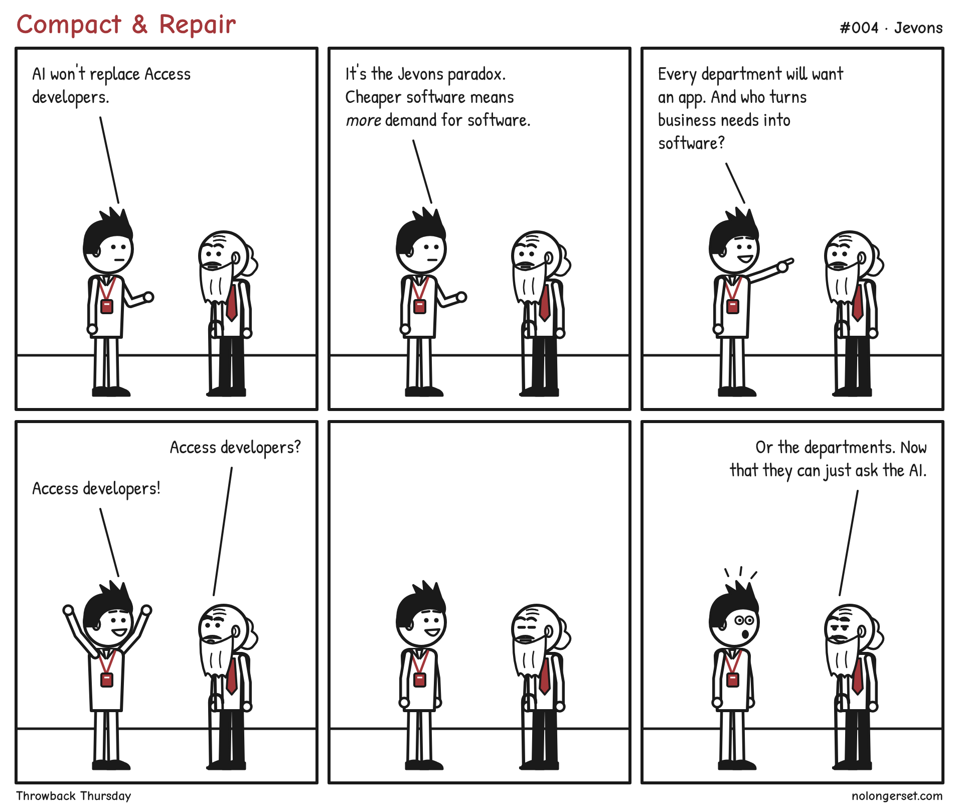 Six panels, Ace and Seth side by side on a plain floor line. Panel 1: Ace says 'AI won't replace Access developers.' Panel 2: Ace: 'It's the Jevons paradox. Cheaper software means more demand for software.' Panel 3: Ace: 'Every department will want an app. And who turns business needs into software?' Panel 4: Seth: 'Access developers?' Ace, grinning: 'Access developers!' Panel 5: a silent beat; Seth looks at Ace. Panel 6: Seth, serene: 'Or the departments. Now that they can just ask the AI.' Ace looks shocked.
