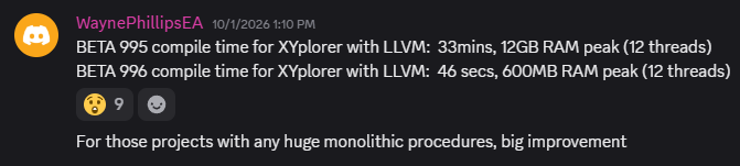 BETA 995 compile time for XYplorer with LLVM: 33mins, 12GB RAM peak (12 threads) BETA 996 compile time for XYplorer with LLVM: 46 secs, 600MB RAM peak (12 threads). For those projects with any huge monolithic procedures, big improvement.
