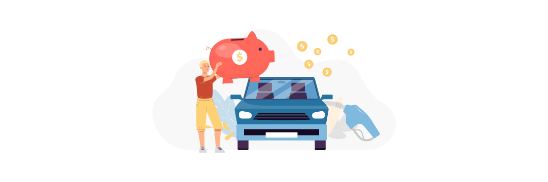 personnage vidant sa tirelire au dessus de sa voiture pour mettre du carburant