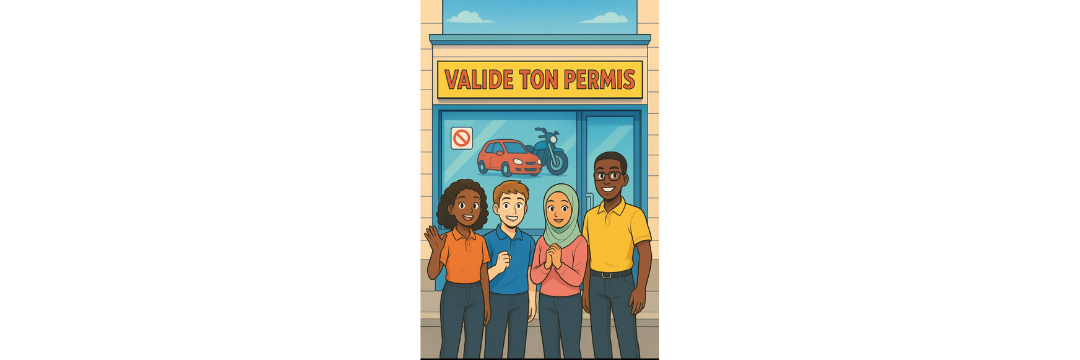 illustration 4 candidats au permis de conduire devant l'auto école valide ton permis