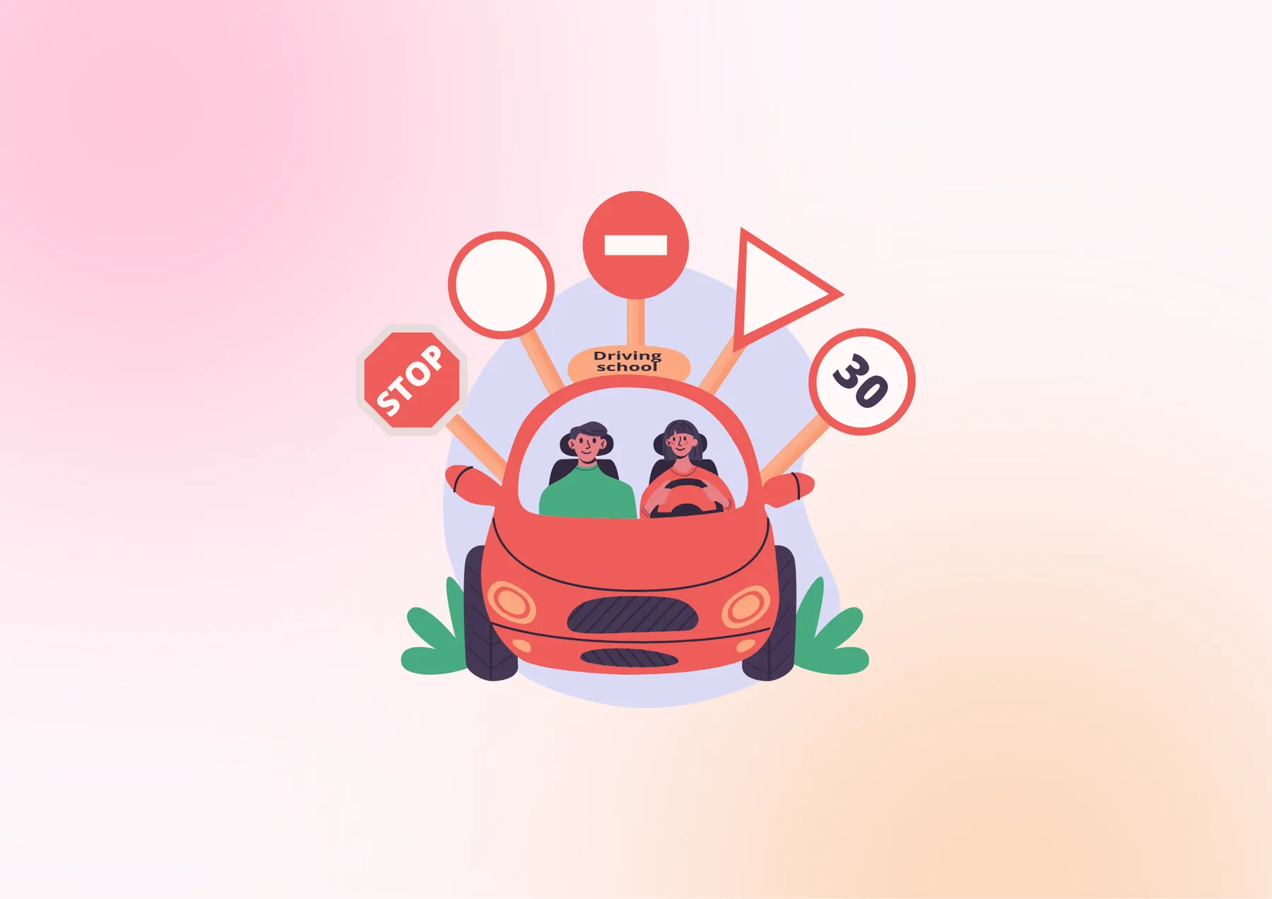 élève et moniteur dans une voiture rouge d'auto-école