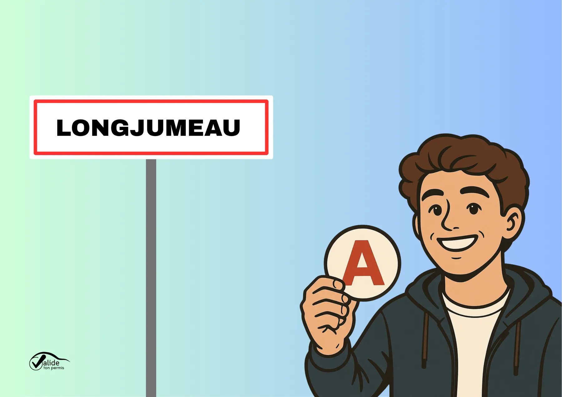 jeune homme souriant tenant son étiquette "Nouveau permis" à la main dans la ville de longjumeau | Valide ton permis