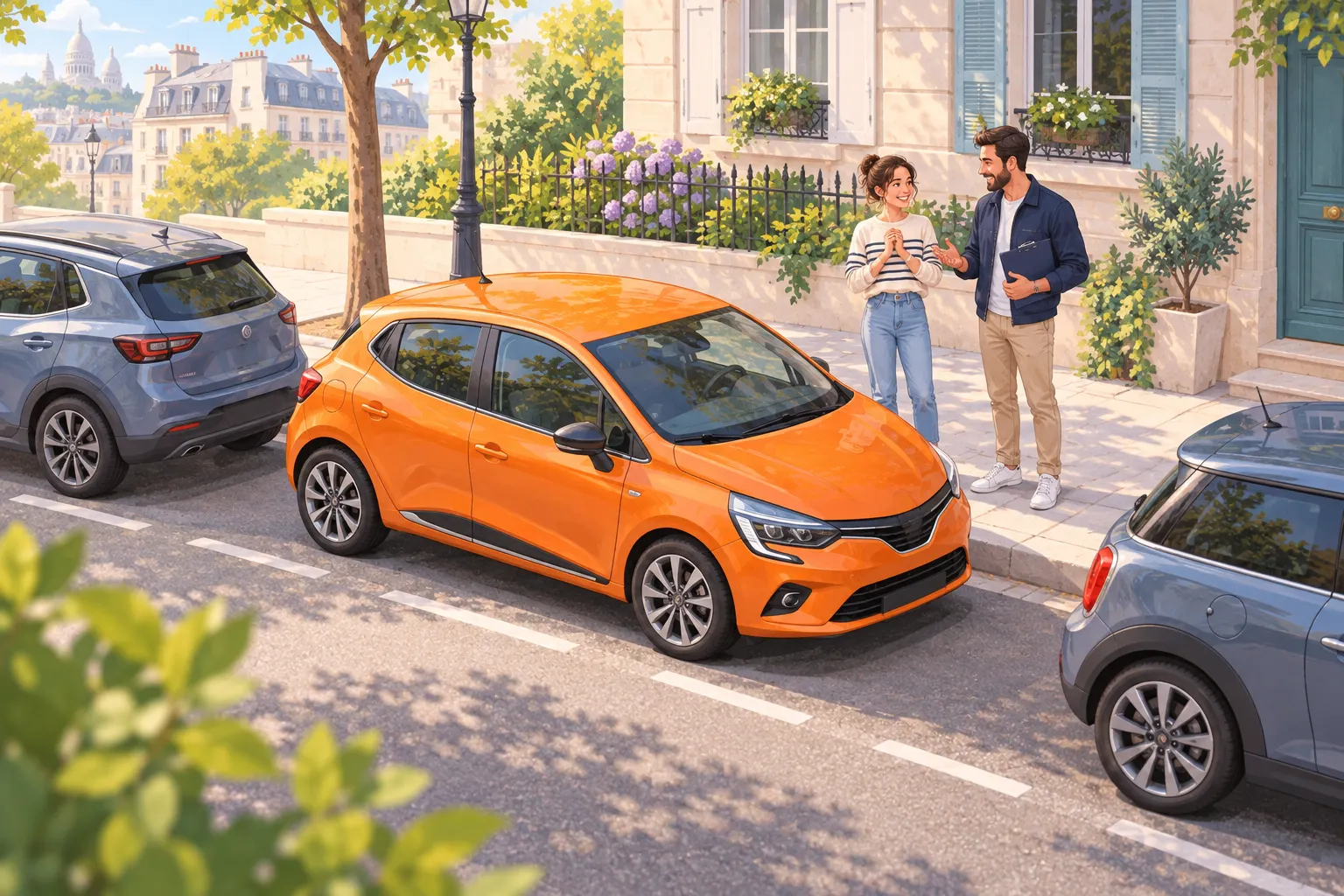 élève et son moniteur de conduite devant la voiture qu'ils viennent de stationner en crénea