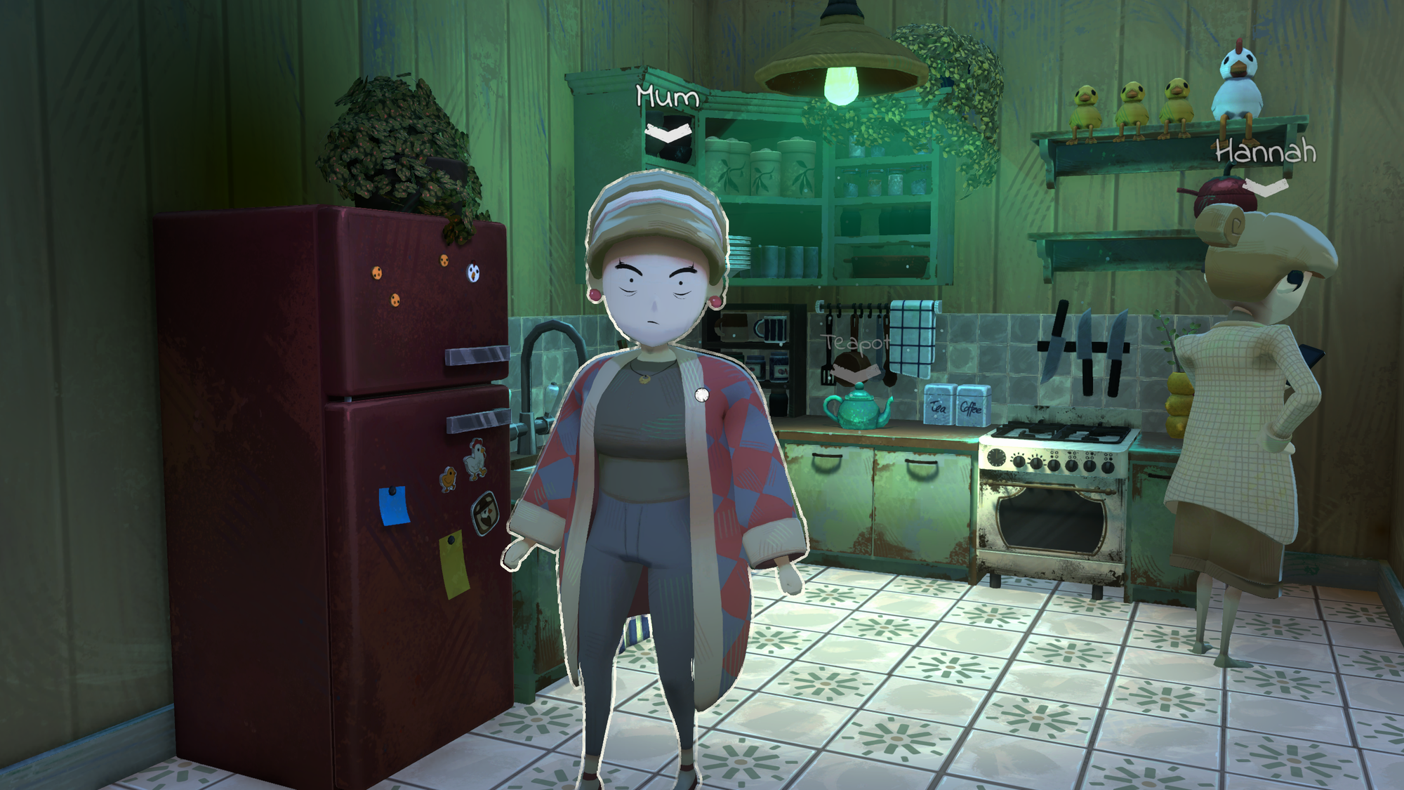 Stylized 3D graphics of two people standing in a run-down kitchen.