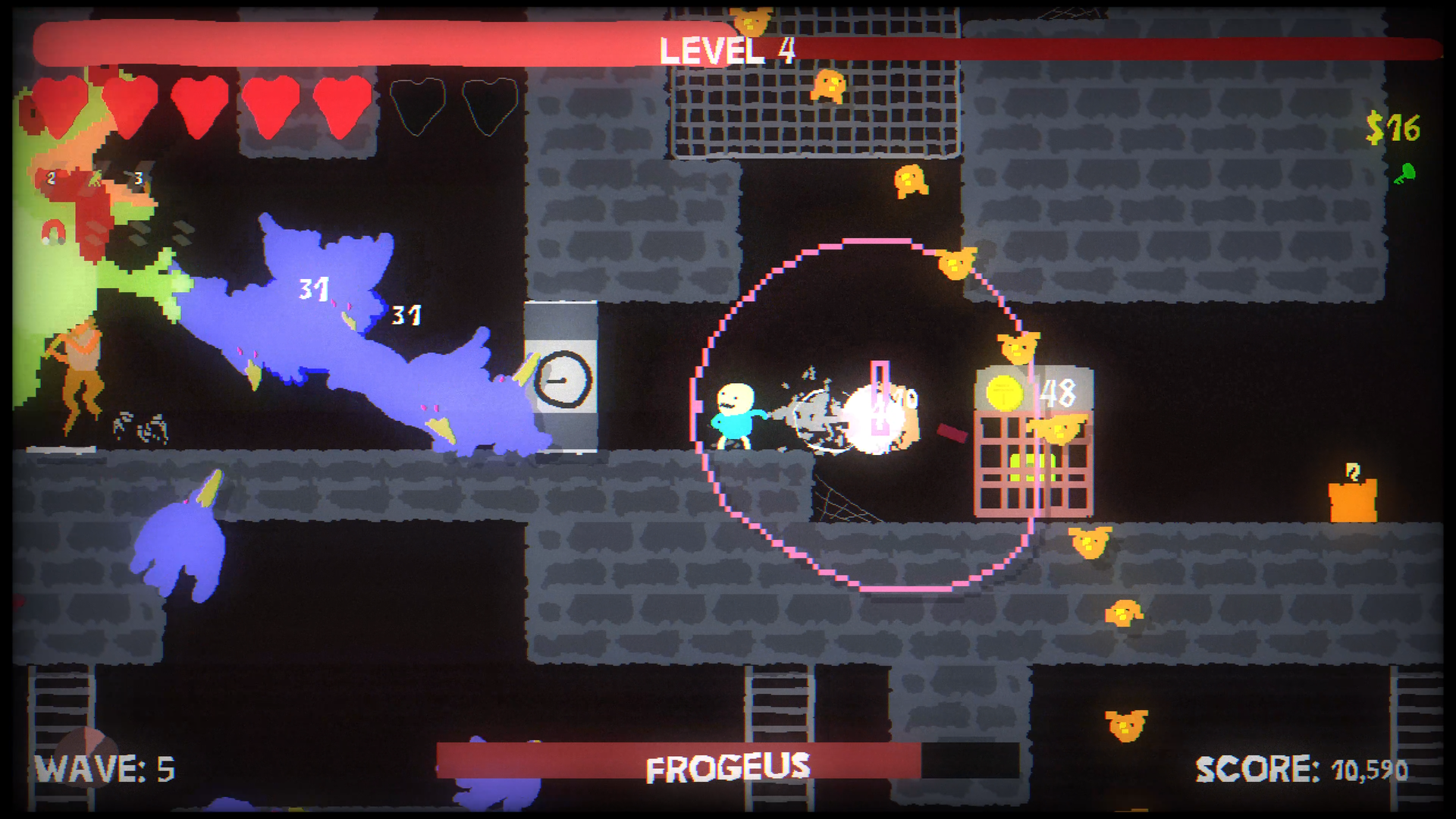 Screenshot of playable character traversing 2D platforming space through a host of obstacles on screen.