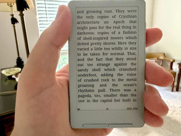 Holding small ereader with chair and window in background.