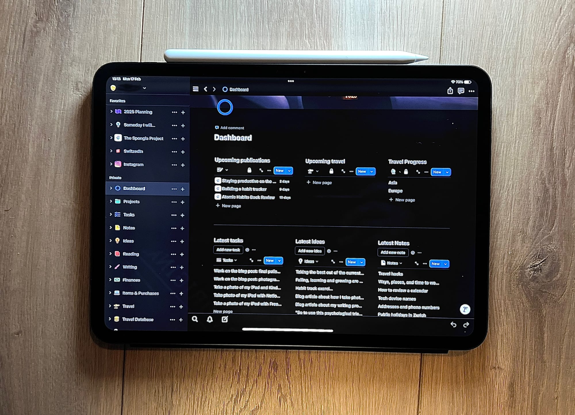 Picture of an iPad with my Notion dashboard open