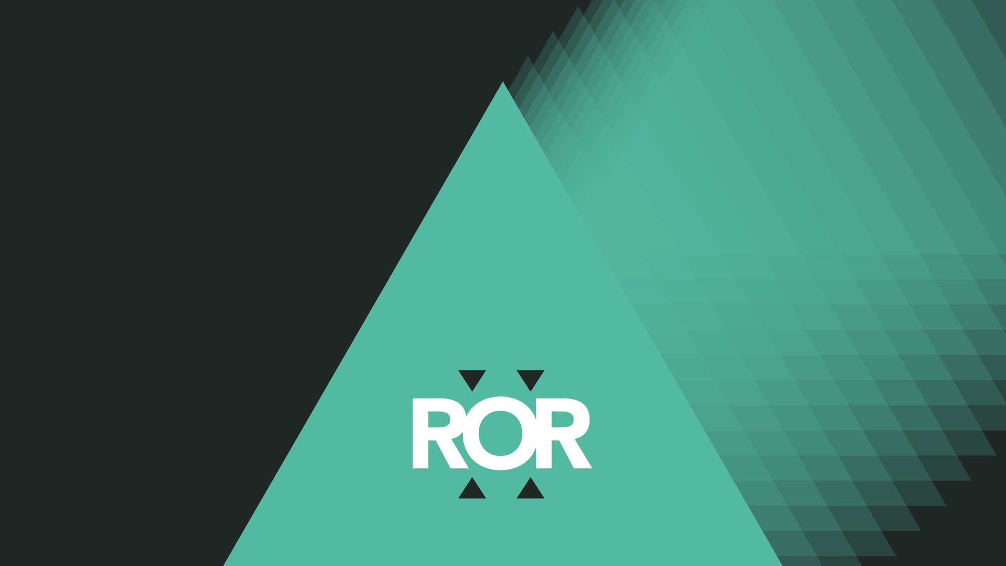 Stylized graphic of the ROR logo in white centred on a turquoise triangle layered with a series of transparent triangles.
