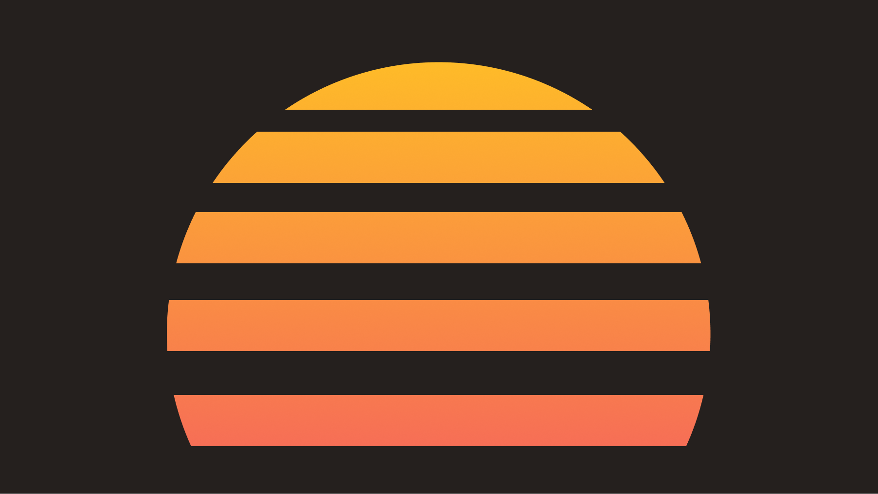 Flat illustration of a striped, gradient orange-to-coral pink setting sun against a dark background.