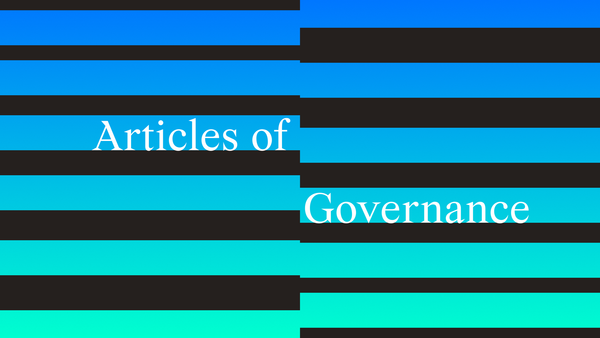 Banner showing optical art-style graphic with blue-teal stripes and the words ‘Articles of Governance.