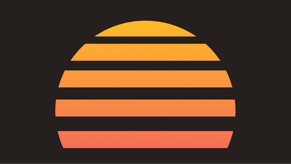 Flat illustration of a striped, gradient orange-to-coral pink setting sun against a dark background.