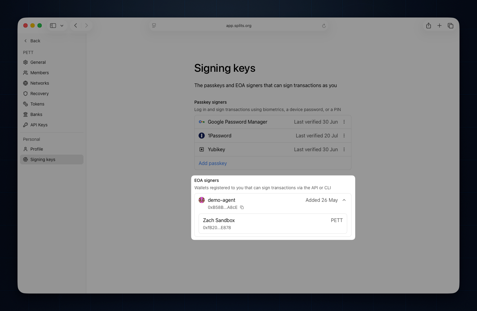 Signing keys settings showing passkey and EOA signers
