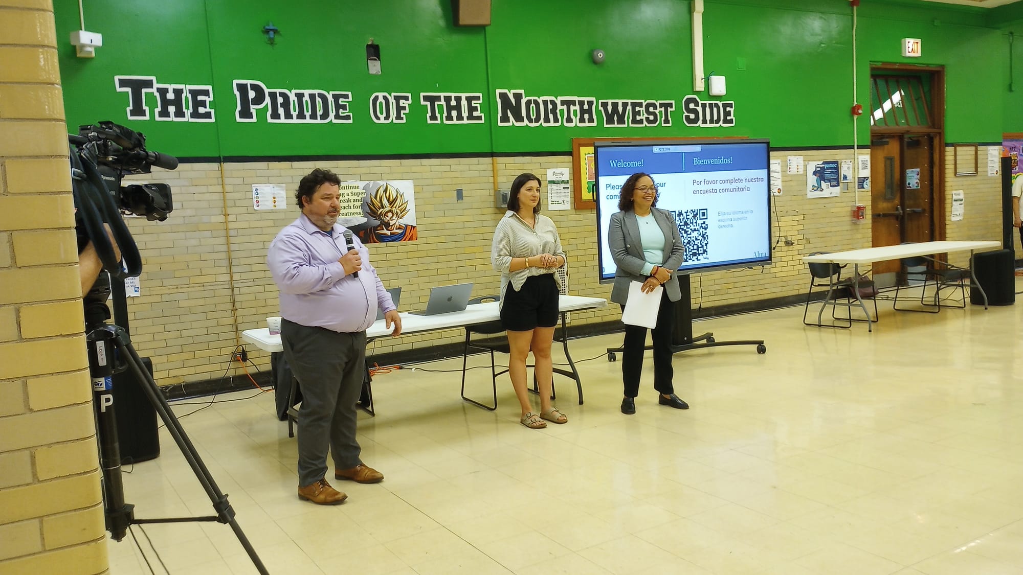 Left to right: Board member Ed Bannon, member Jennifer Custer, and Alma Advisory Group CEO Monica Santana Rosen, at Steinmetz HS.