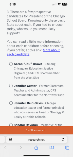 The screen shot of a text poll asking people to choose their preferred school board candidate.