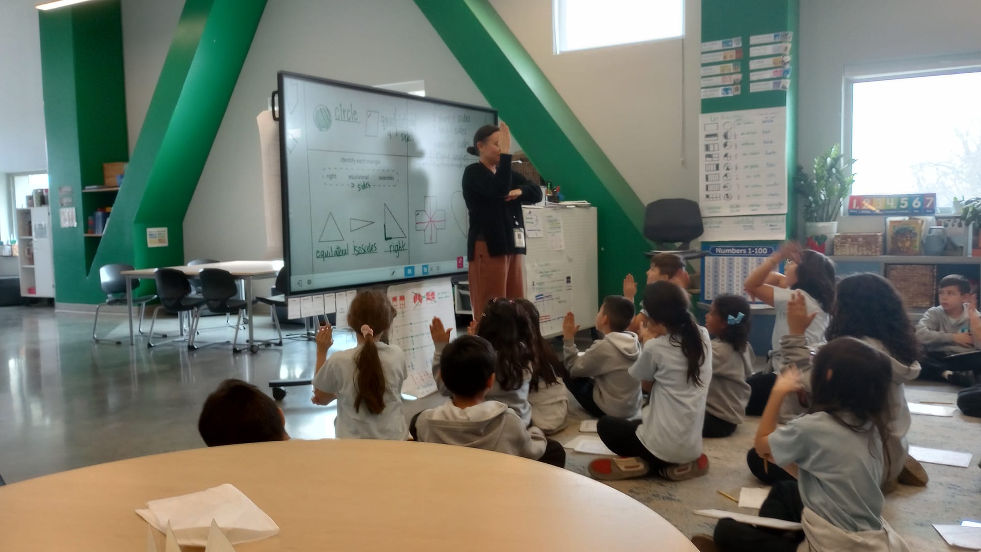 The image shows an adult woman standing with her arms in a right angle. A group of seat children imitate her.