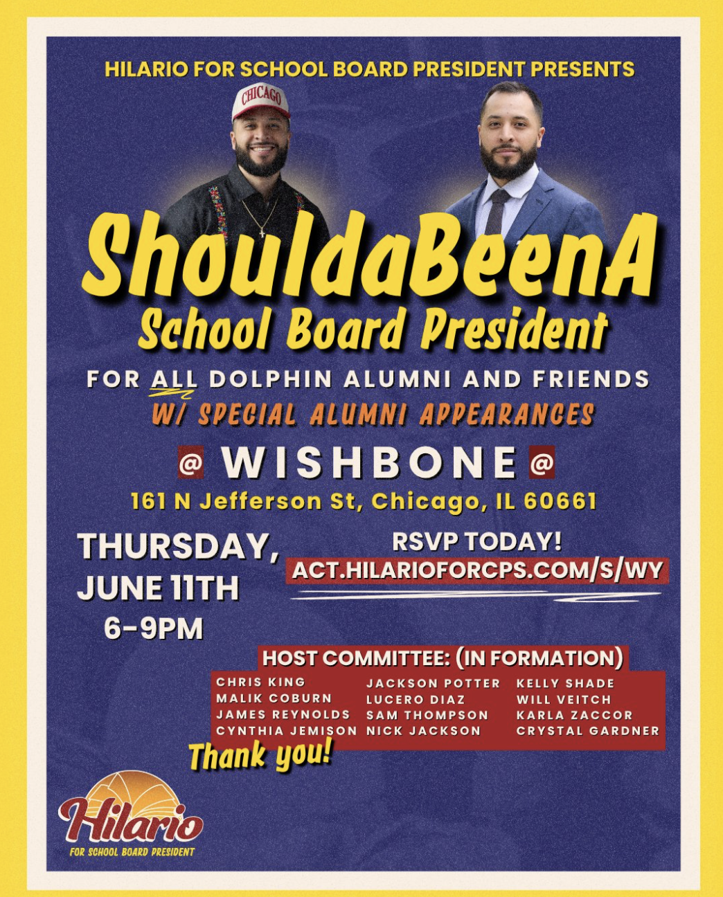 The image shows an invitation to a fundraiser for Hilario Dominguez, candidate for school board president.