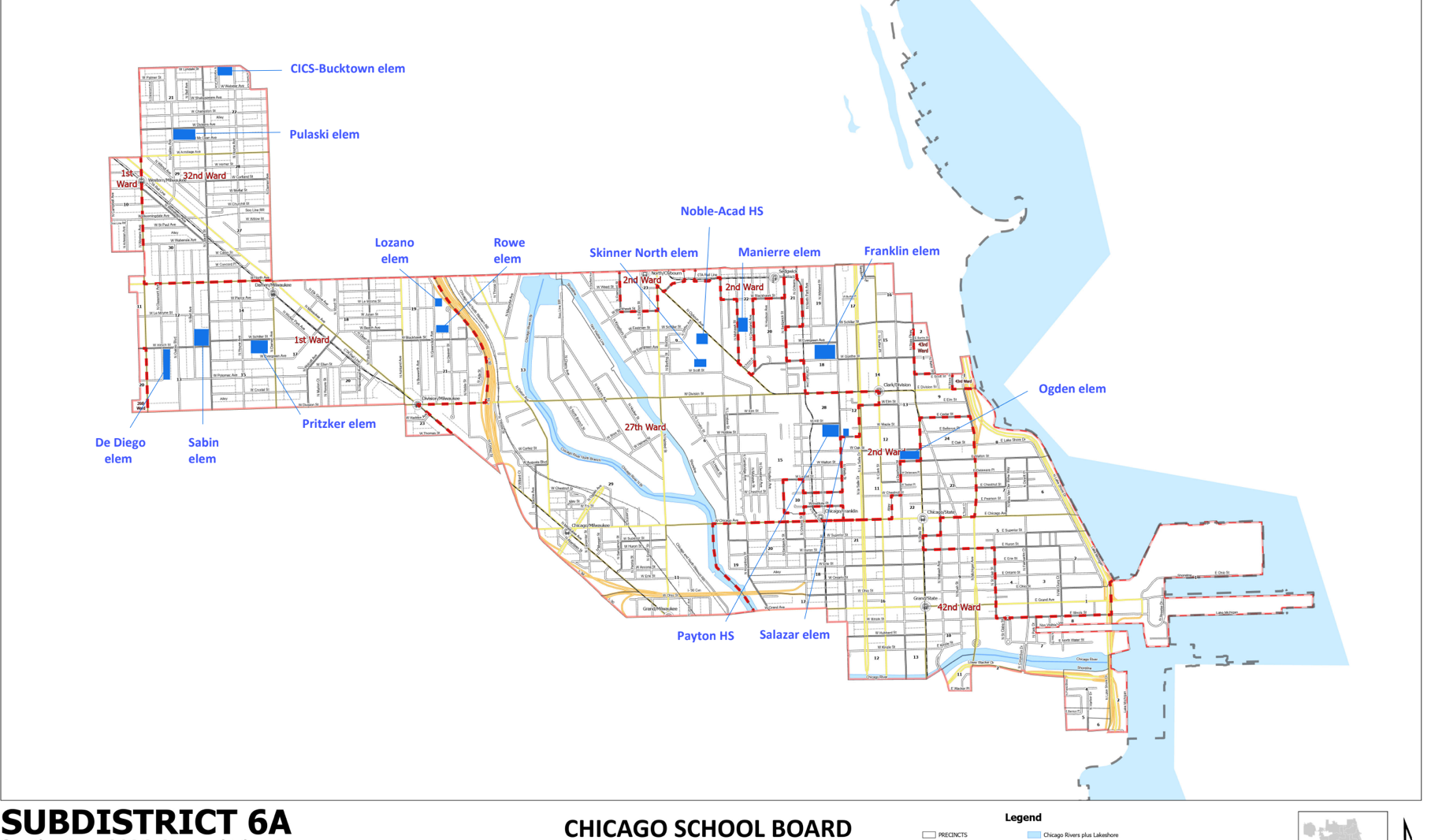 The map defines Chicago School Board district 6A and marks the location of its 14 CPS schools.
