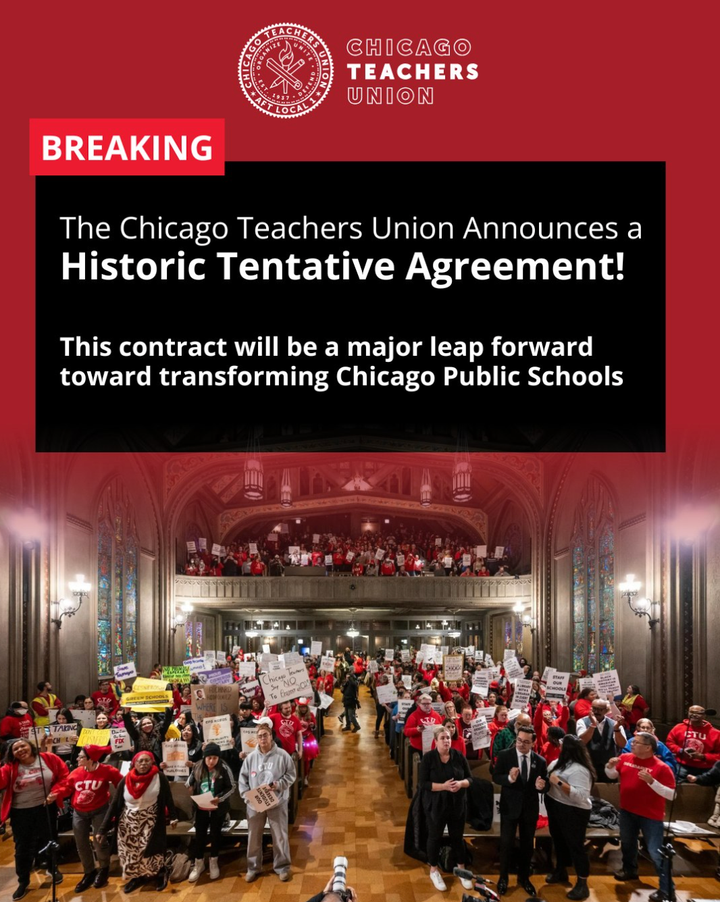 Chicago Teachers Union members celebrate winning a tentative agreement with the Chicago Public Schools.