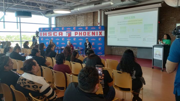 Jessica Cañas of Kids First Chicago gives a presentation about the hybrid school board at IHSCA Phoenix HS.