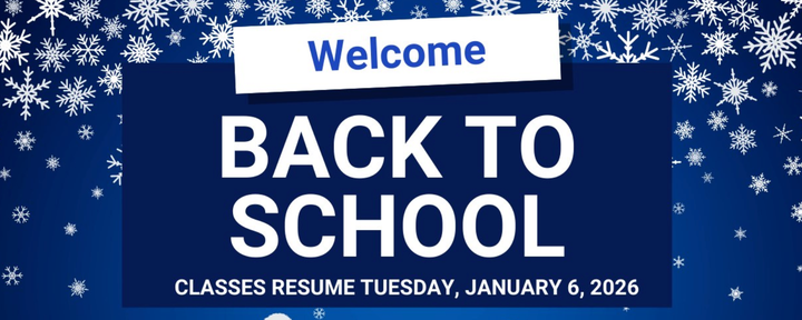 The image shows a back to school message on a background of snowflakes. Chicago Public Schools classes resumed on Tuesday, January 6.