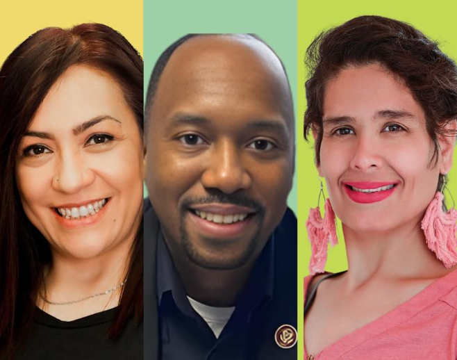 The image shows the faces of three parents affiliated with Kids First Chicago: Alma Sigala, Claiborne Wade and Melanie Lopez.