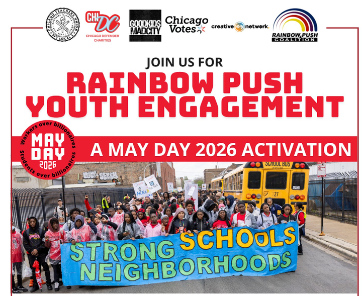 The image shows a group of children holding a banner that reads "Strong Schools, Strong Neighborhoods."