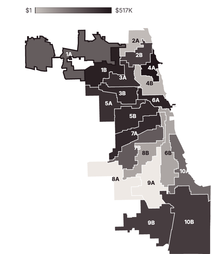 This map of Chicago is divided into school board districts. Districts in darker gray indicate more campaign spending by special interest groups.