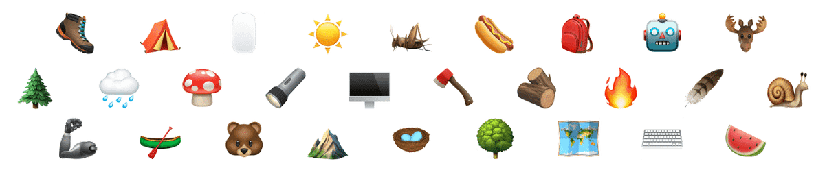 Emoji chaos! Lots of camp and tech themed emoji scattered in a grid pattern.