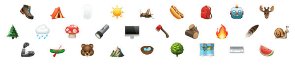 Emoji chaos! Lots of camp and tech themed emoji scattered in a grid pattern.