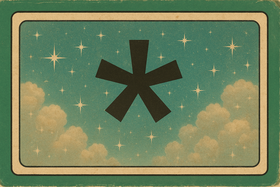 An image showing an asterisk-like symbol in black with sky and clouds, surrounded by sparkles. The image is within a white and green border. The colours evoke a 70s style.