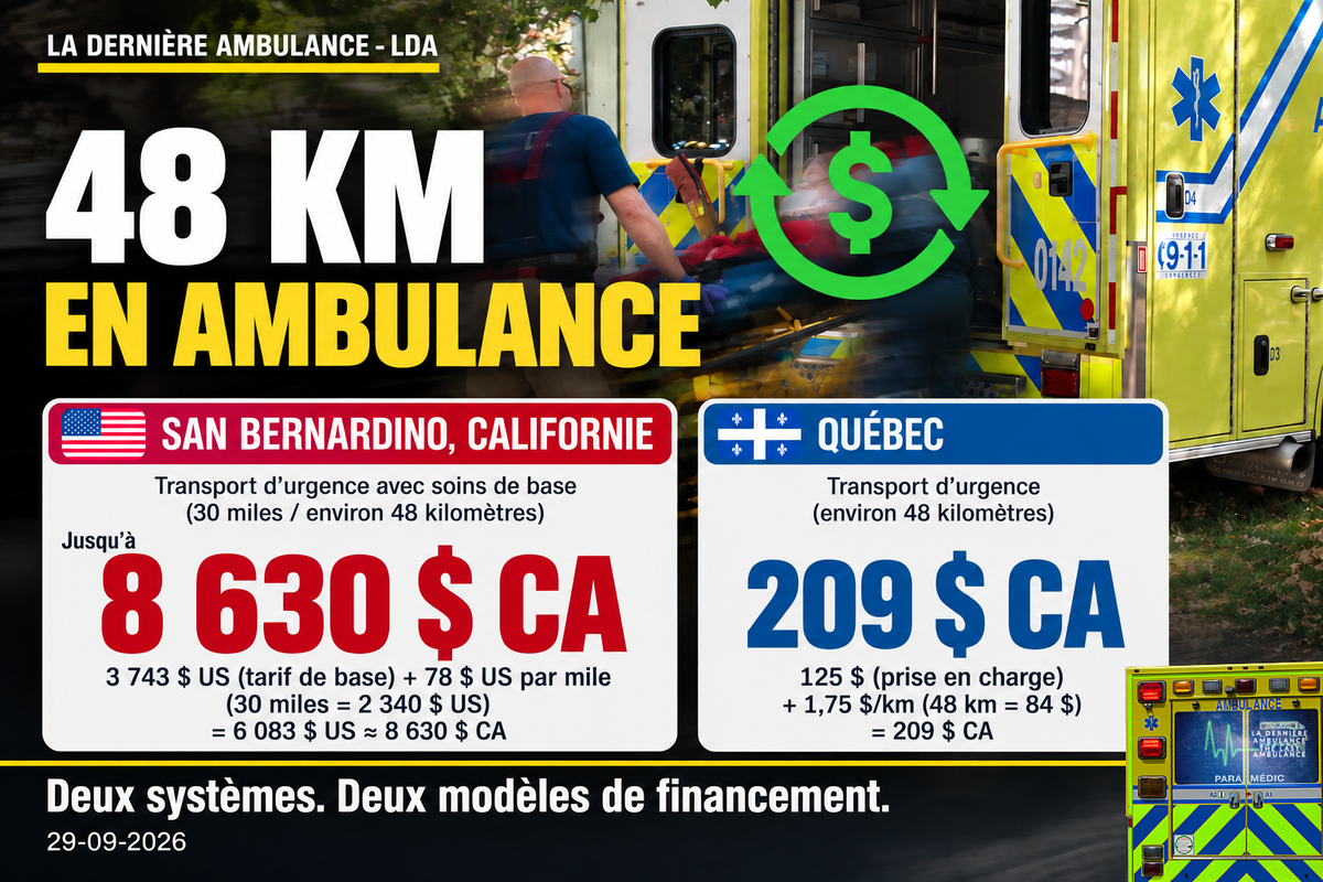 EU | Californie -- Un transport ambulancier de 48 km : environ 8 630 $ CA en Californie. 209 $ au Québec.