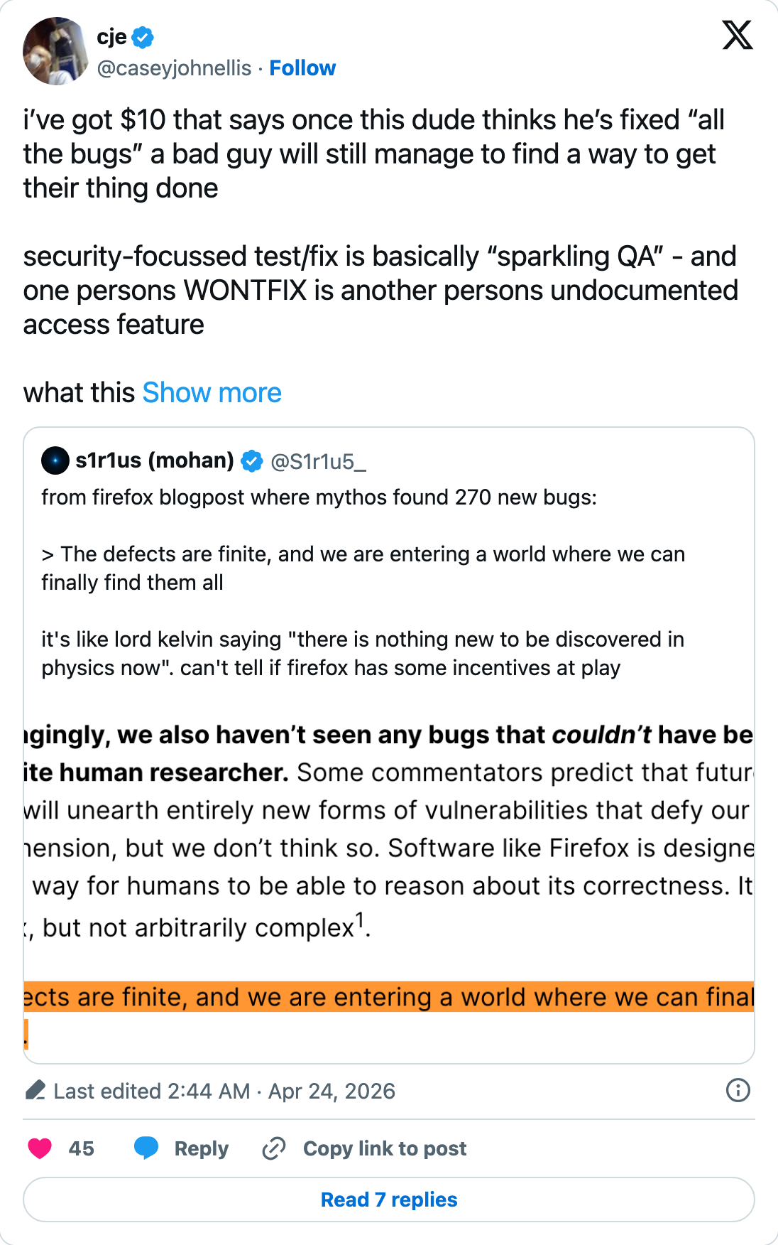 i’ve got $10 that says once this dude thinks he’s fixed “all the bugs” a bad guy will still manage to find a way to get their thing done / security-focussed test/fix is basically “sparkling QA” - and one persons WONTFIX is another persons undocumented access feature  / what this