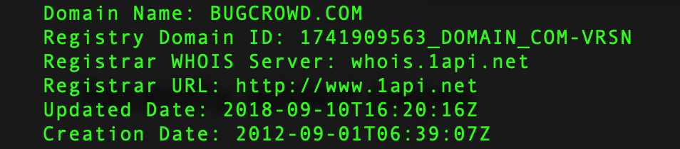 WHOIS record for BUGCROWD.COM showing a creation date of 1 September 2012