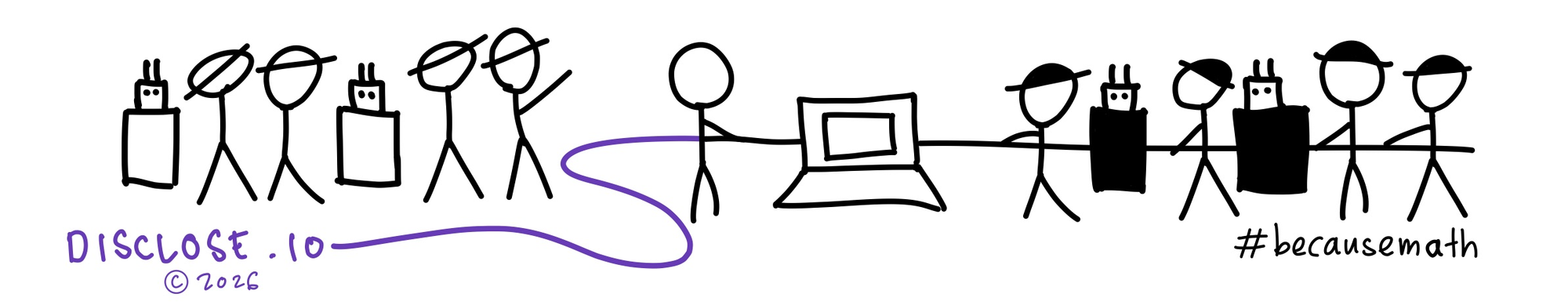 An xkcd-style stick-figure tug-of-war: a lone defender at a laptop grips a rope pulled by a crowd of black-hatted figures and robots, while white-hat figures and friendly robots rally on the left, tied in by a purple disclose.io thread. Signed disclose.io © 2026, captioned "#becausemath".