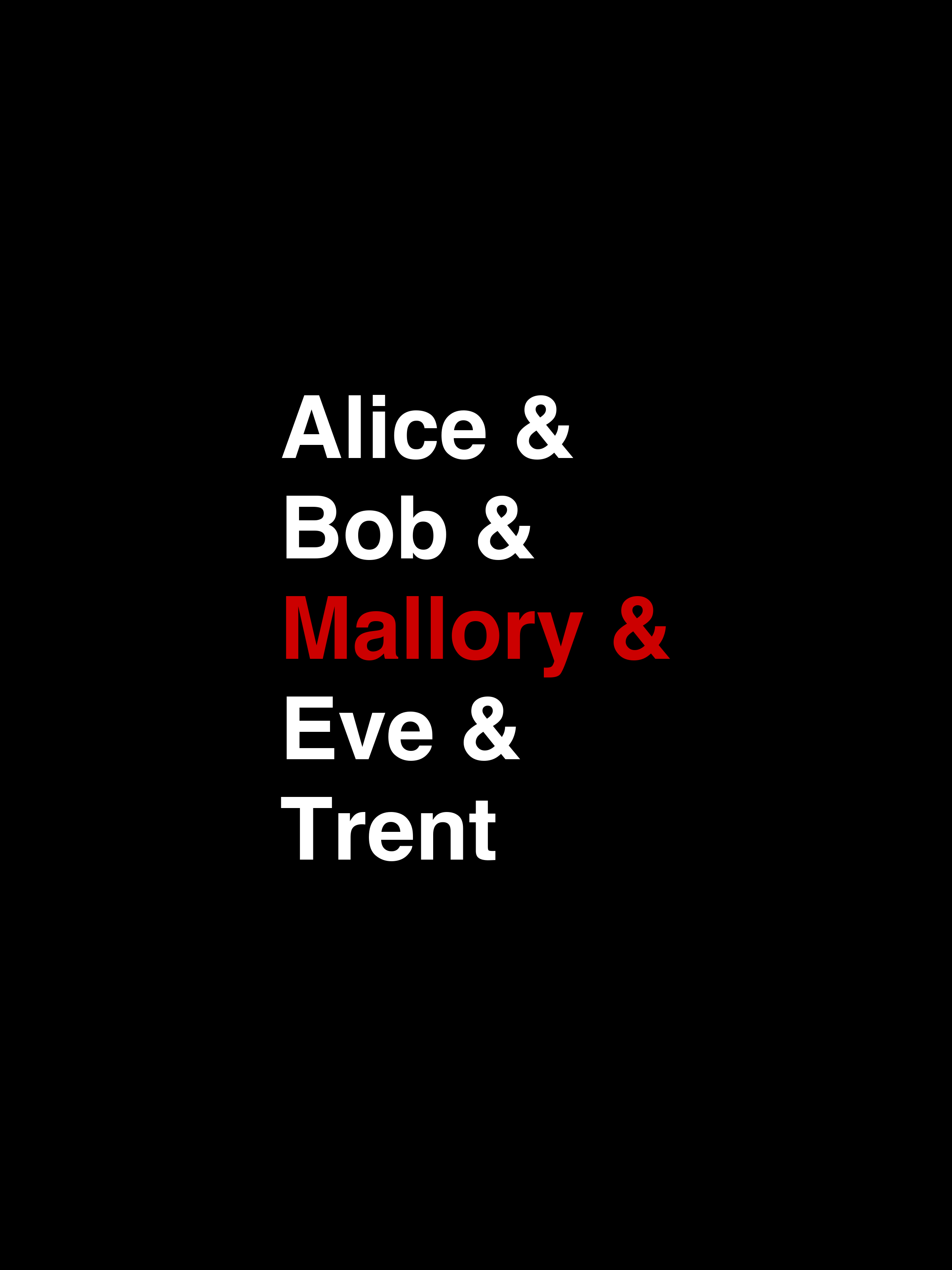 Cryptography’s cast of characters set as a band lineup in heavy white Helvetica on black — Alice, Bob, Eve and Trent in white, the attacker Mallory in red.