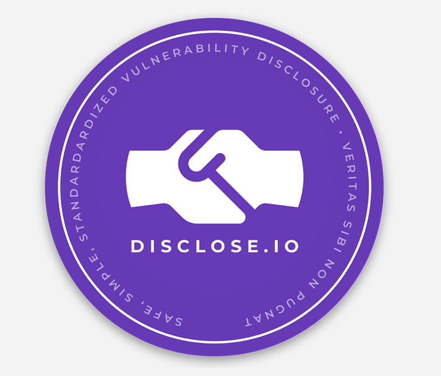 A circular purple sticker: the white disclose.io clasped-hands mark over the wordmark DISCLOSE.IO, ringed by the words "safe, simple, standardized vulnerability disclosure · veritas sibi non pugnat".