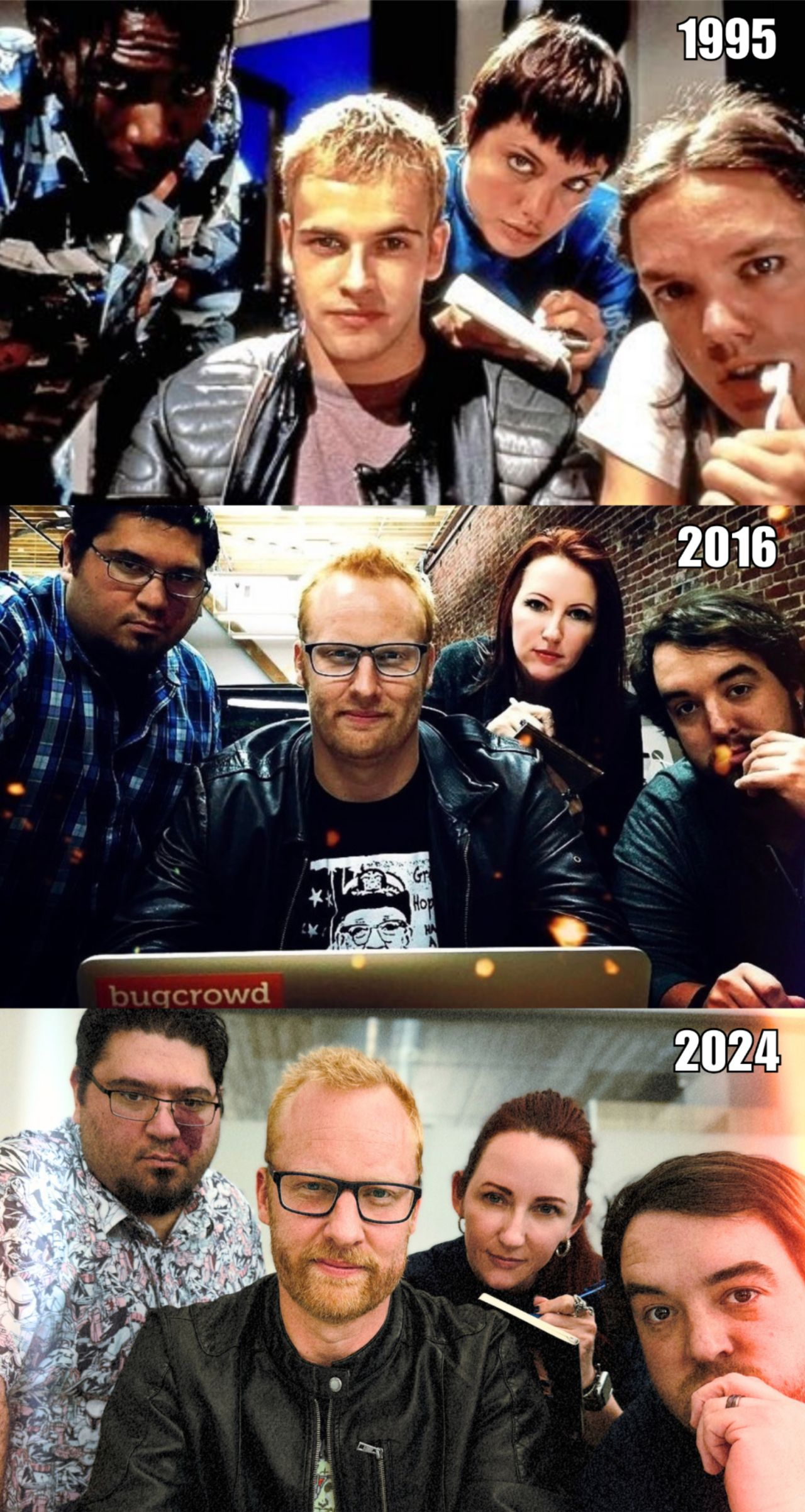 A three-panel triptych restaging the same group portrait across three decades: the cast of the 1995 film Hackers, a 2016 recreation around a Bugcrowd laptop, and a 2024 recreation, each labelled with its year.