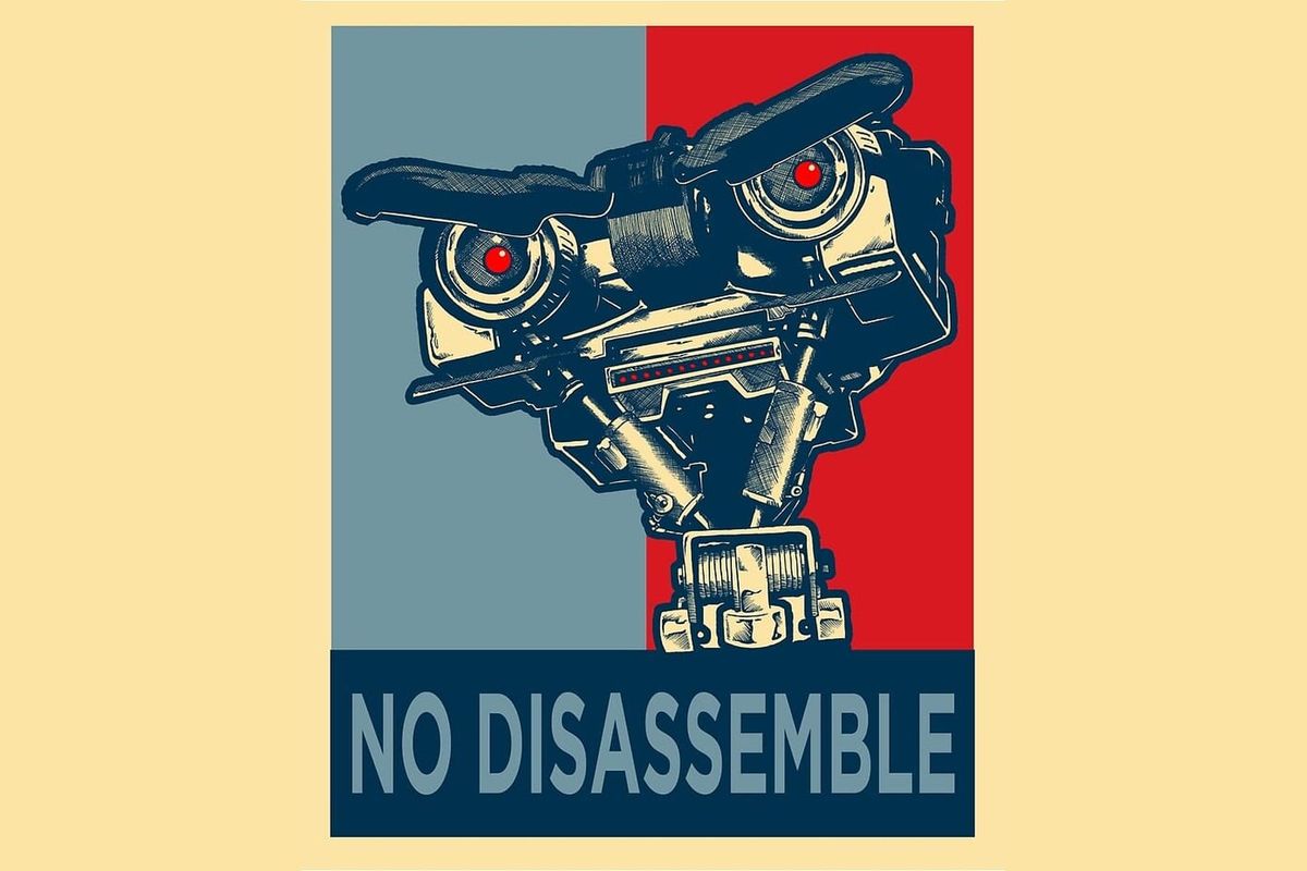 Johnny Five from Short Circuit rendered as an Obama 'Hope' campaign poster, captioned NO DISASSEMBLE