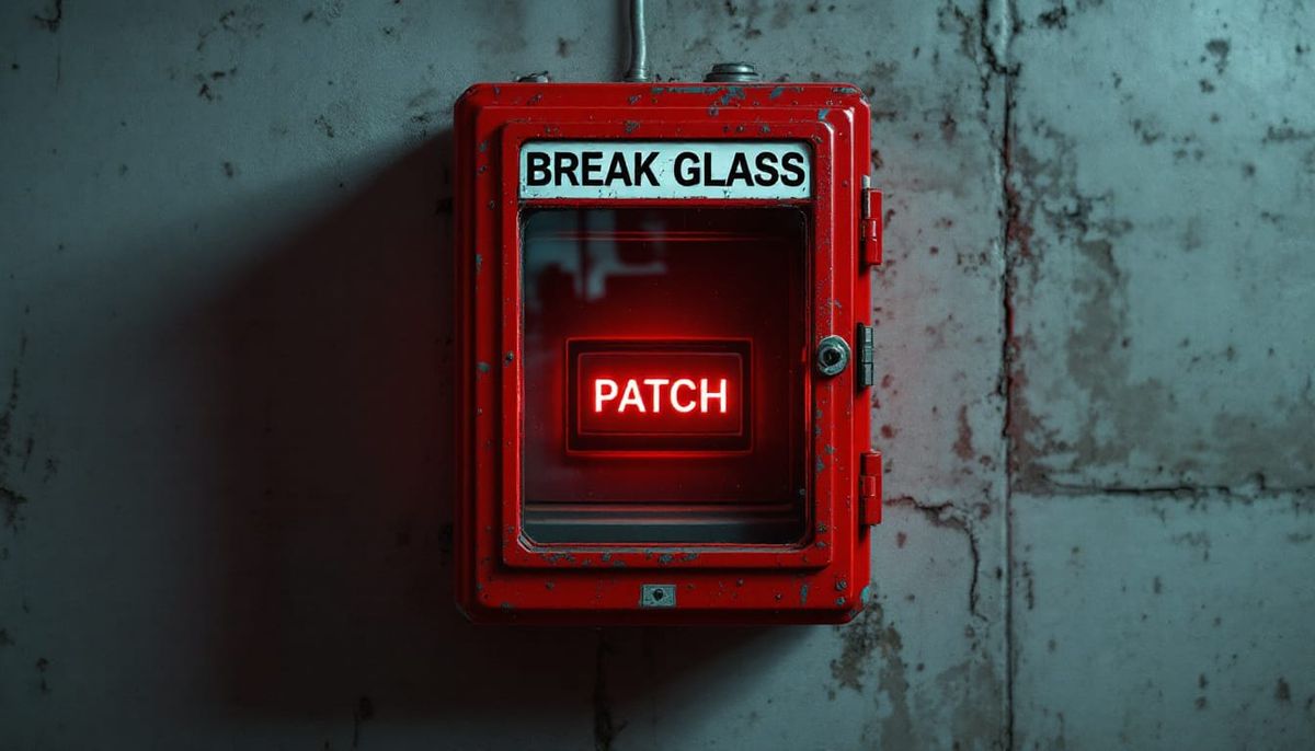A red break-glass emergency box on a concrete wall containing a glowing key labeled PATCH